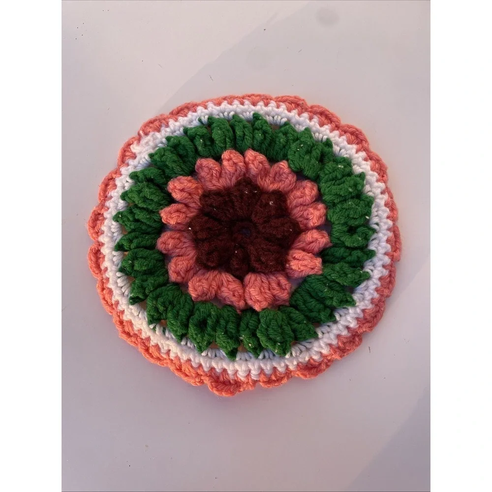 Vintage Handmade Crochet Pot Holder Hot Pad Pink Green White Brown PREOWNED